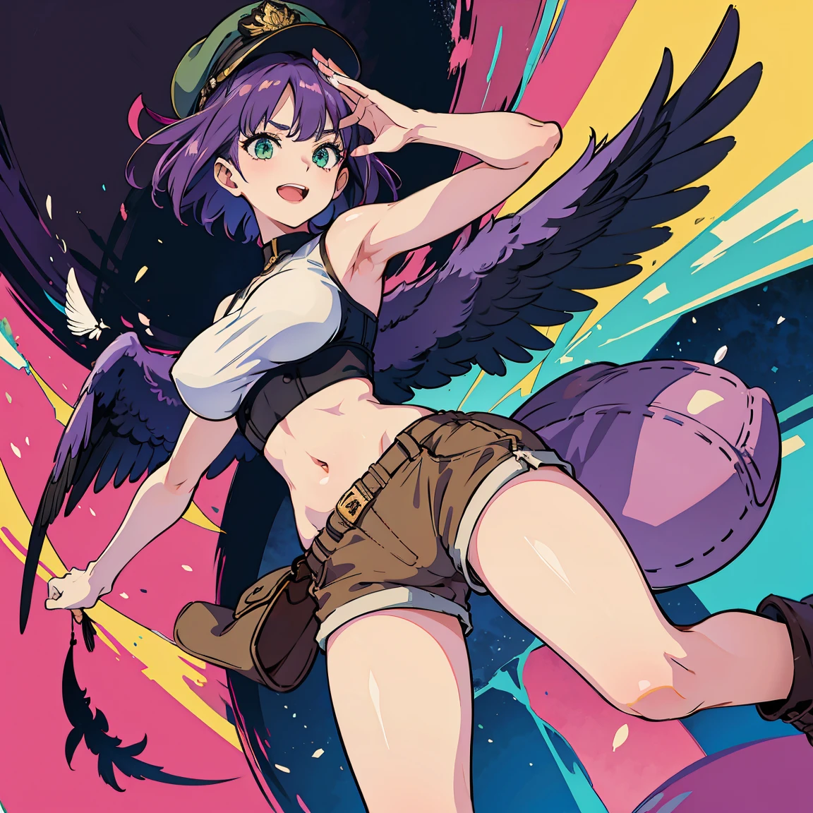 (masterpiece), best quality, expressive eyes, perfect face, 1girl, solo, feathered wings, purple wings BREAK green eyes BREAK black tanktop BREAK large breasts, slim body, boots, midriff, short hair, purple hair BREAK goggles, brown aviator cap BREAK brown shorts BREAK open mouth, smirk, abstract background, purple feathers