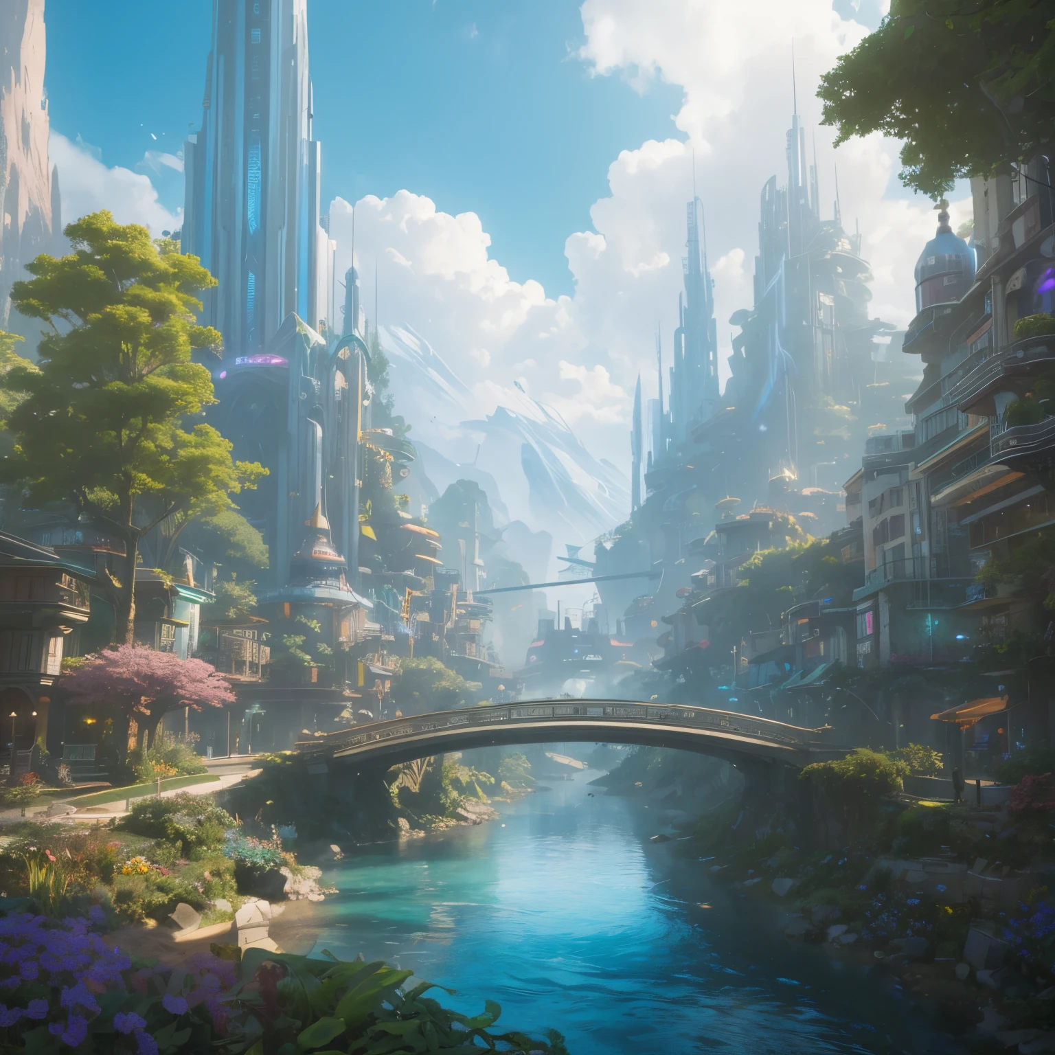 Futuristic city with vegetation growing profusely, eco-friendly, no cars, monorail,  rainbows,  stream water, ethereal fantasy, hyper-detailed mist, Thomas Kinkade, 8k resolution concept art by Greg Rutkowski, Artgerm, WLOP, dynamic lighting, hyper-detailed, intricately detailed, Splash, triadic colors, Unreal Engine 5 volumetric lighting