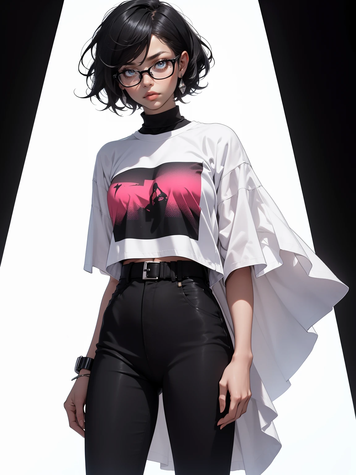 Full body, (short black hair) (ebony skin) Make-up, Mascara, Soft or coloured lips, Simple black background, Minimalism, Monotone, Simple colour palettes, Clean, Crisp patterns, Flowing silhouettes, Punk , Mid-calf trousers, (white t-shirt) Ripped clothes, Rocha, Short skirt, Asymmetric, Geometric, Colourful clothes, Simple accessories, Different designs, Simple silhouettes, Diesel style, Punk girl, Minimalism, High quality materials, Cool and urban prints, Couture, Punk fashion, Black colour, Sexy, Glasses, Oversized fashion, Wide clothes, Detailed prints