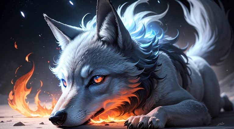 Un loup en flamme, flamme bleu, yeux rouges, realiste, dans l'espace.