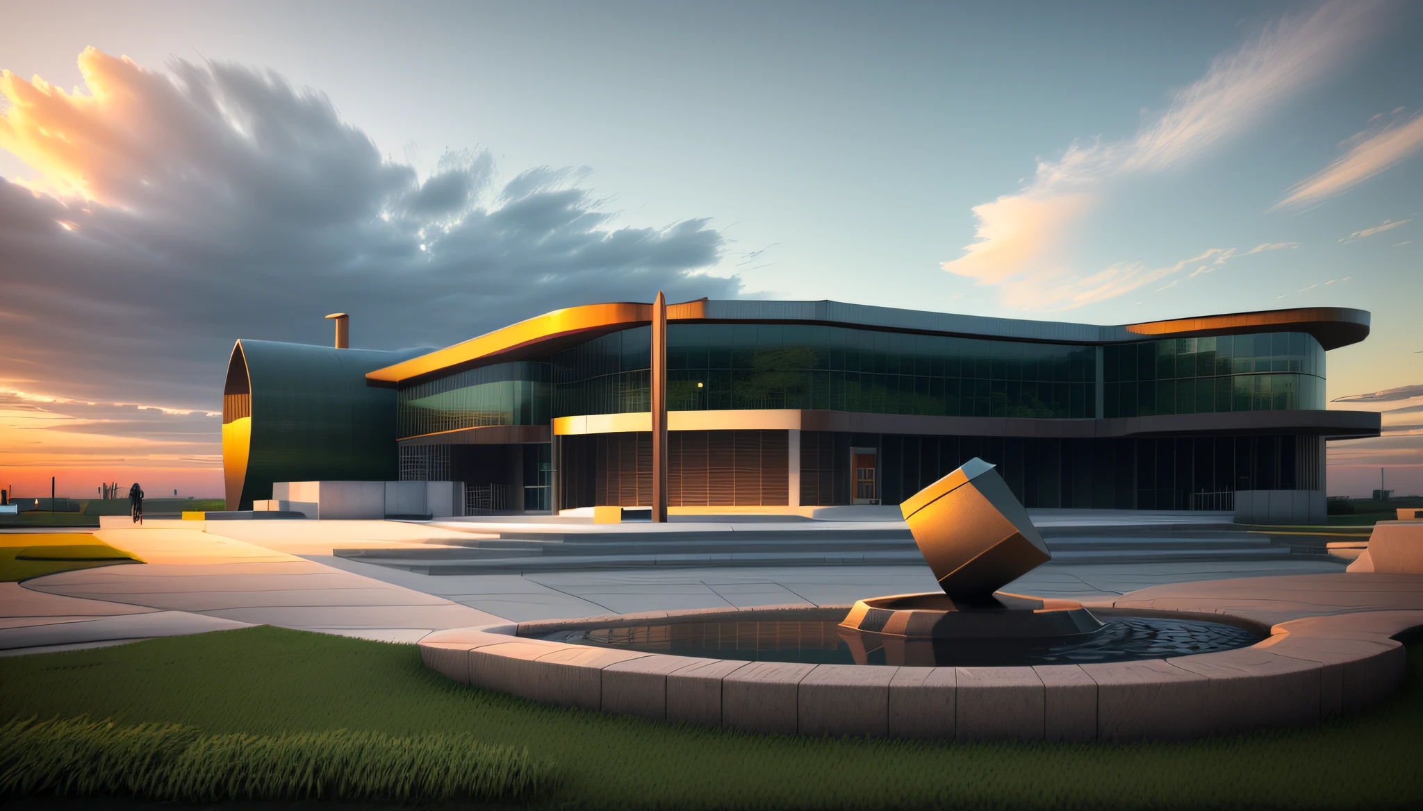 there is a large sculpture in the middle of a grassy area, render in vray, rendered in povray, photographic render, digital render, architecture render, highly photographic render, denoised photorealistic render, rendered in vray, architectural render, vray render, vray rendered, masterpiece. rendered in blender, photorealistic render, render vray, small green tree in foreground, people walking next to building, small beautiful fountain in foreground