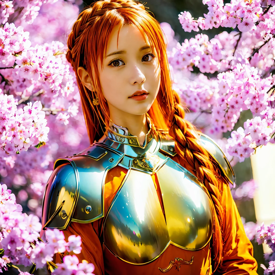 asuna, ((masterpiece)), highres, asuna (sao), crown braid, light orange hair, armor, cherry blossoms, dutch angle
