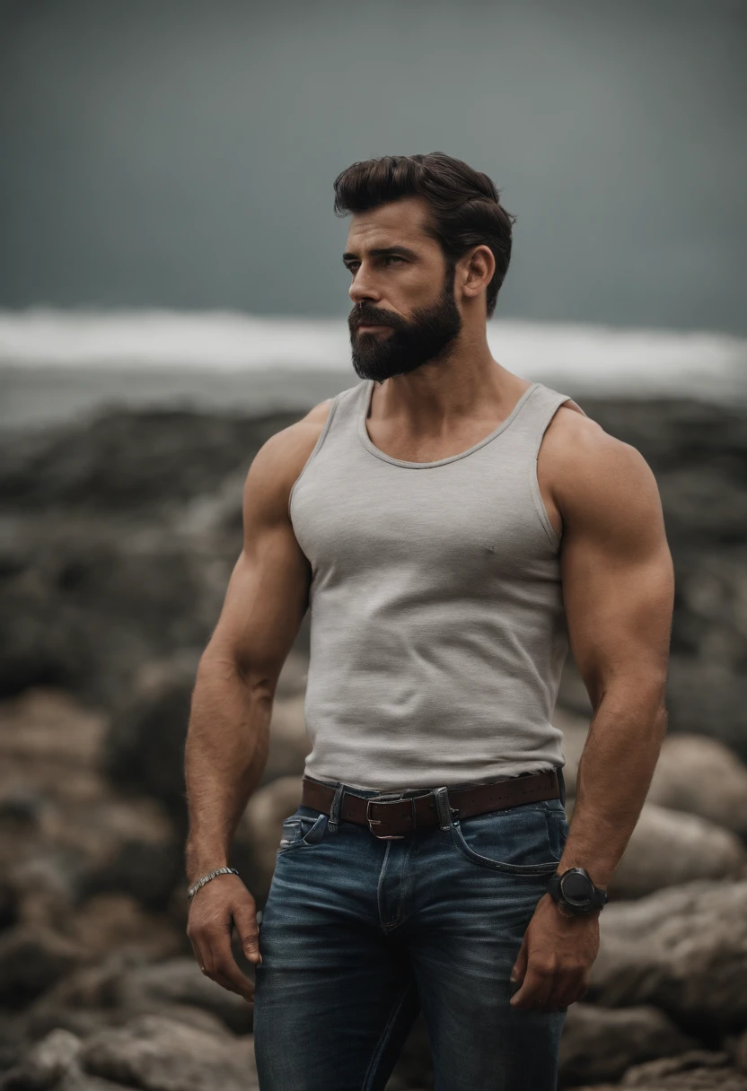 Brazilian man, whole body, Big body muscular, very naughty, muscular man with beard and mustache in white shirt, The best quality,4k,8k,Very attractive man with beard, Well-groomed facial hair, Fisherman, Awesome, realist, Imagen ultrarrealist, Bigote natural, Old man,soft portrait photo 8k, Very detailed portrait, thick mustache, Estilo hiperrealist, Fine and shiny beard, short facial hair, Incipient beard, Fisherman, detailed face, Retrato ultra realist, grey hair, big muscles, Big Butt ,jeans  backside 