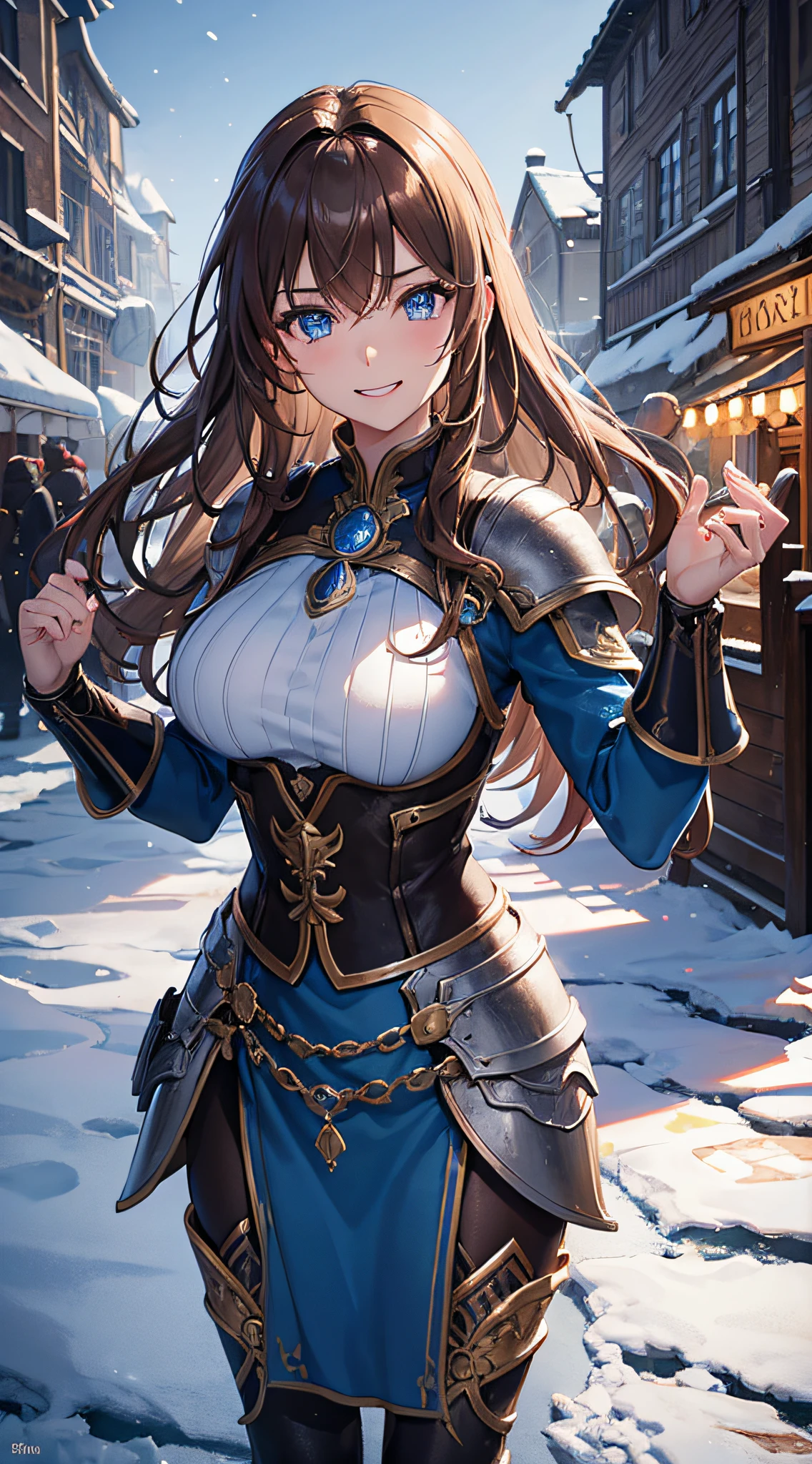 ((Extremely detailed)), 4K, ((cinematic lighting)), Close up, fantasy world, medieval, cobblestone city, wooden stone houses, snow, marketplace, market stalls, adult woman, royal guard, long light brown hair, blue eyes, ((beautiful eyes)), happy look, grin, blue tunic, shiny armor, steel plate shoulders, steel gauntlets, chainmail, very large breasts, blue magic