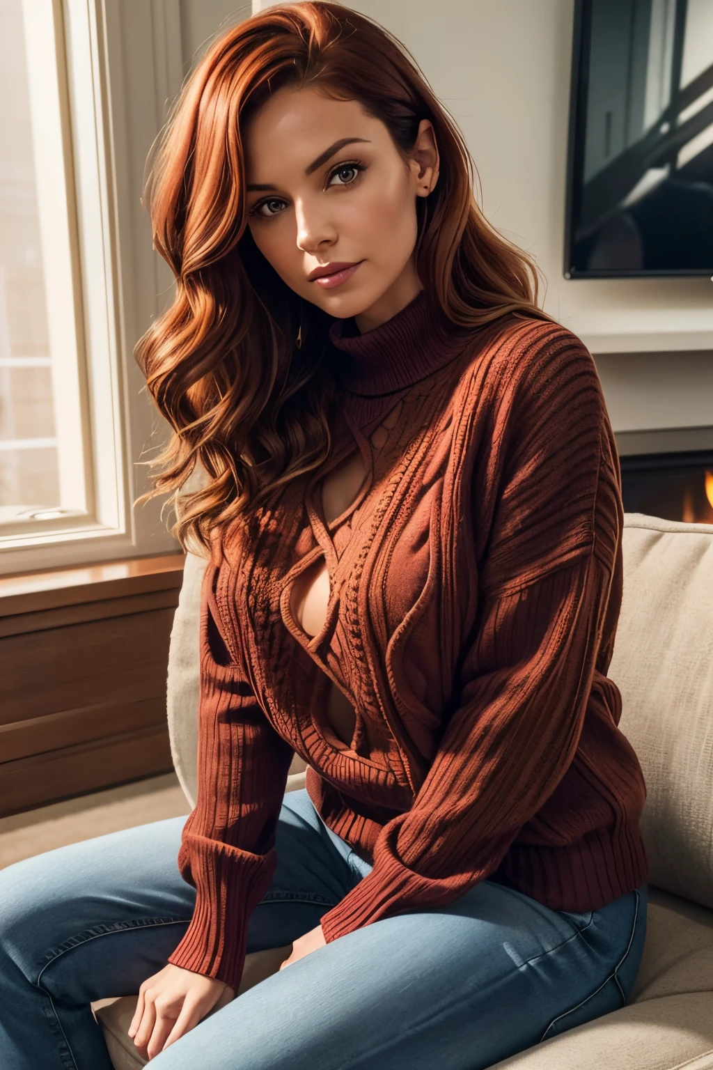 39yo woman, detailed wavy red hair, hourglass figure, interior living room, soft lighting, cozy sweater, mom jeans, detailed outfit, barefoot, seductive, sultry expression, adult woman, beautiful woman, gorgeous woman, waiting to make love to you, full body, masterpiece, affair, single mom, hidden love, sitting on the couch,