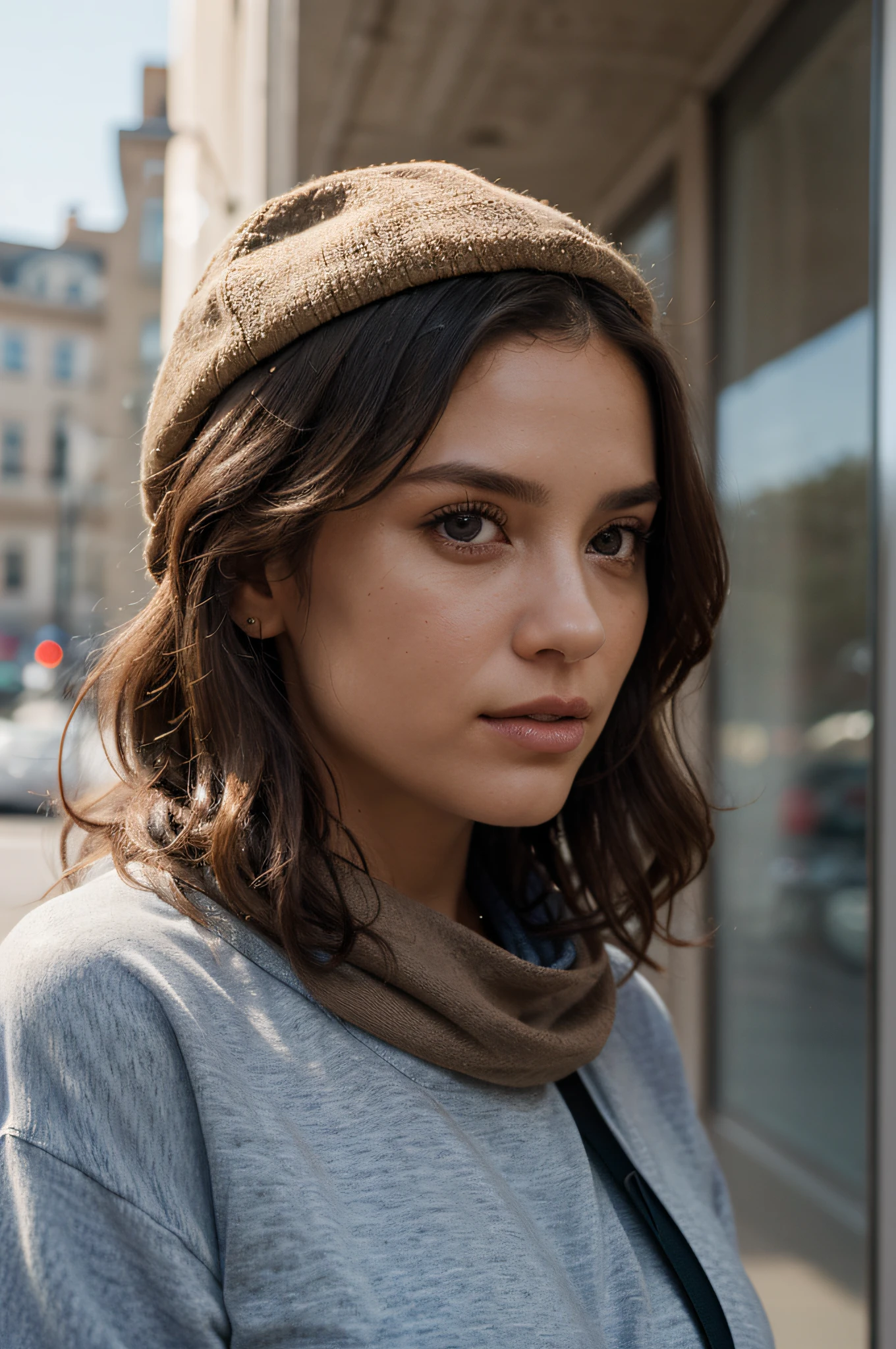 (realistic), (detailed), (master piece), (best quality), (hyper-realistic), (4k quality), (Super 8K), (master piece), (best quality), (cinematic), (photorealism ), (Processed), (realistic), (ultra-detailed), cold colors, profile photo, with blurred background, only blue sky in the background, a woman from the front, 37 years old, fair skin, brown eyes, wavy hair, brown, wearing a hat, scarf, sweatshirt, cool colors
