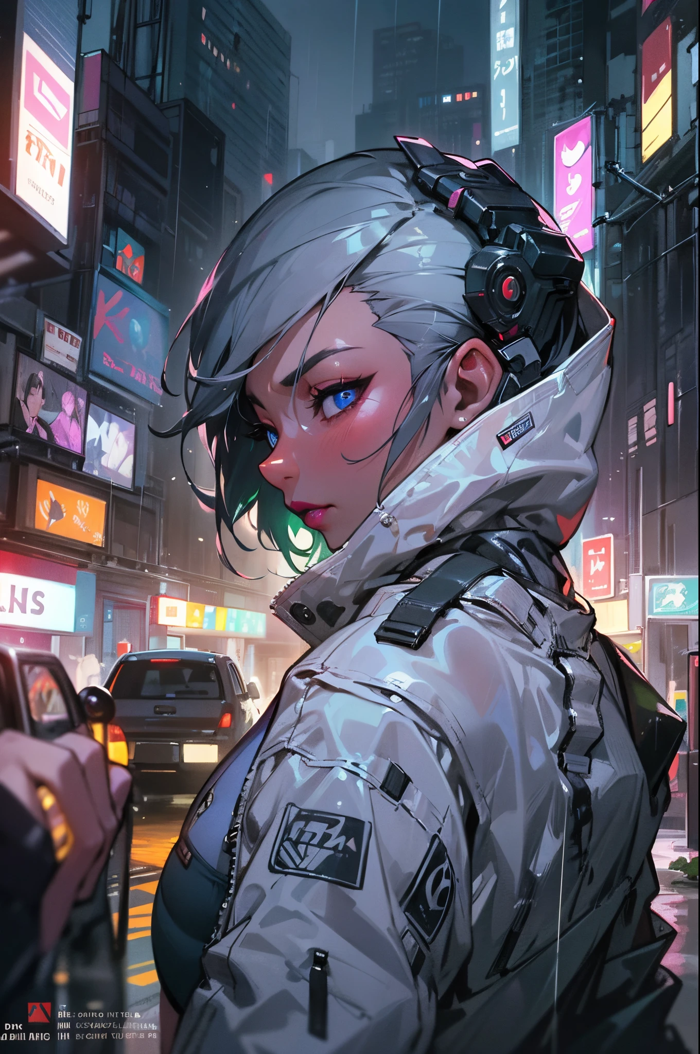 Woman 30 years (Asa Akira pov), lying on the street, short white hair, sidecut hair, tight sexy white swinsuit, cibernetic accessories, black tight shorts, unbuttoned cyberpunk white jacket, no buttons, beautiful face, super detail eyes, perfect eyes, medium breasts, wet and soft, close, sensual pose, fiery and lascivious wanting more, view from above, nice thighs, blue eyes, purple lipstick, wet skin, wet hair, rain, neon lights, cyberpunk, intense storm nighttime scenarium