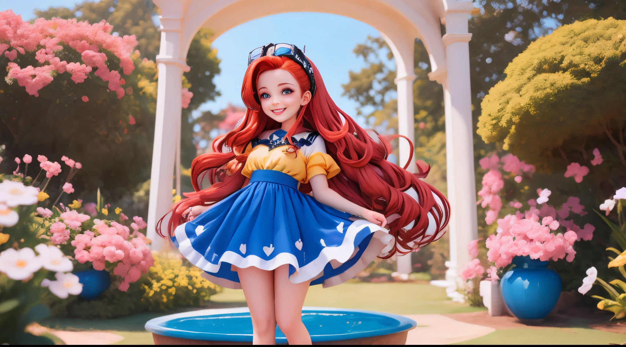 Uma garota de de pernas abertas com pele muito branca ruiva com olhos azuls sorrindo com um oculos juliete com roupa muito apertada