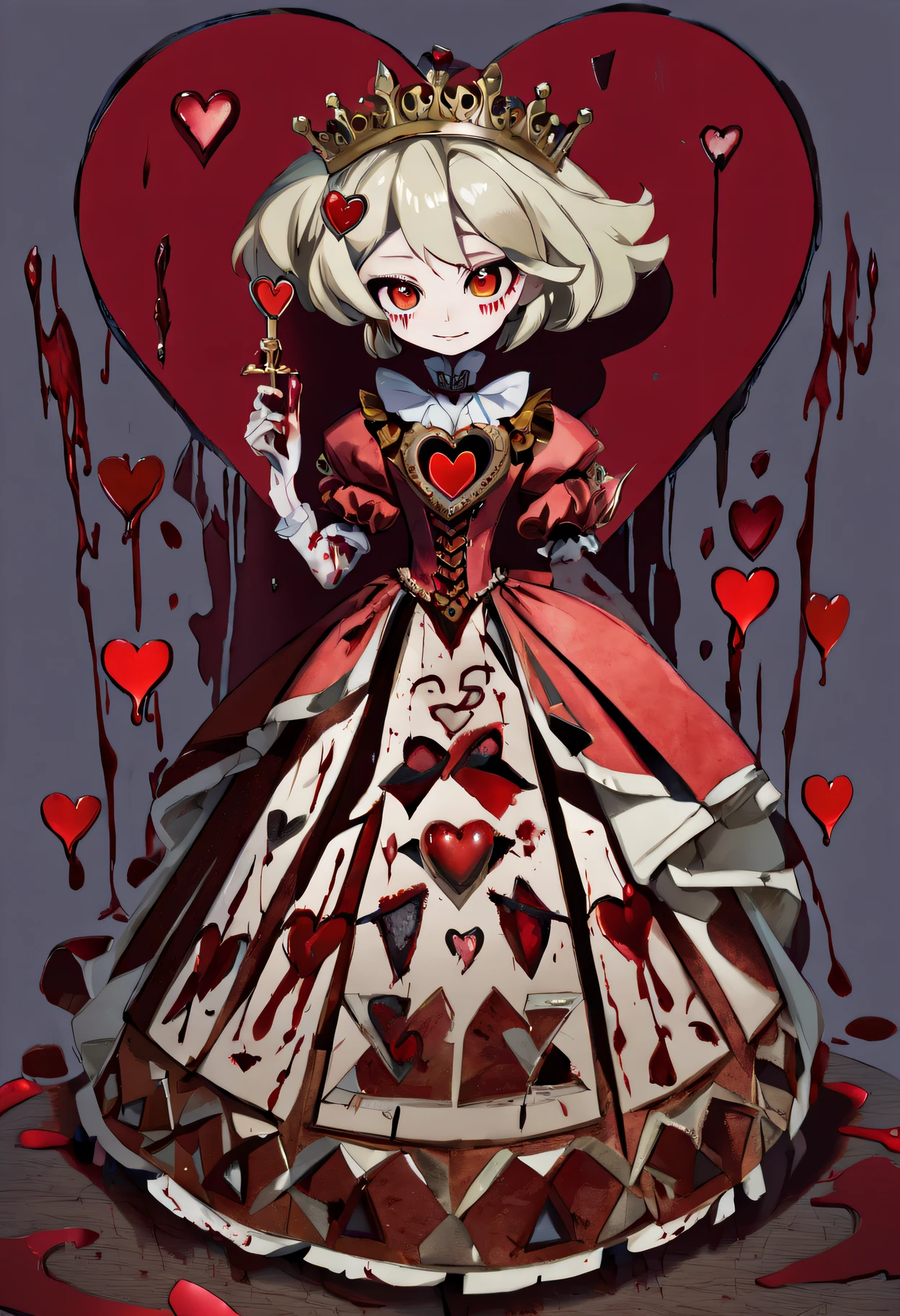 Queen of Hearts, full shot, anime illustration, highly detailed and beautiful face, cold and unpleasant smile, red empty eyes, colorful asymmetric patchwork Victorian dress, guillotine motif, utility knife, (red blood-stained heart symbol: 1.5).