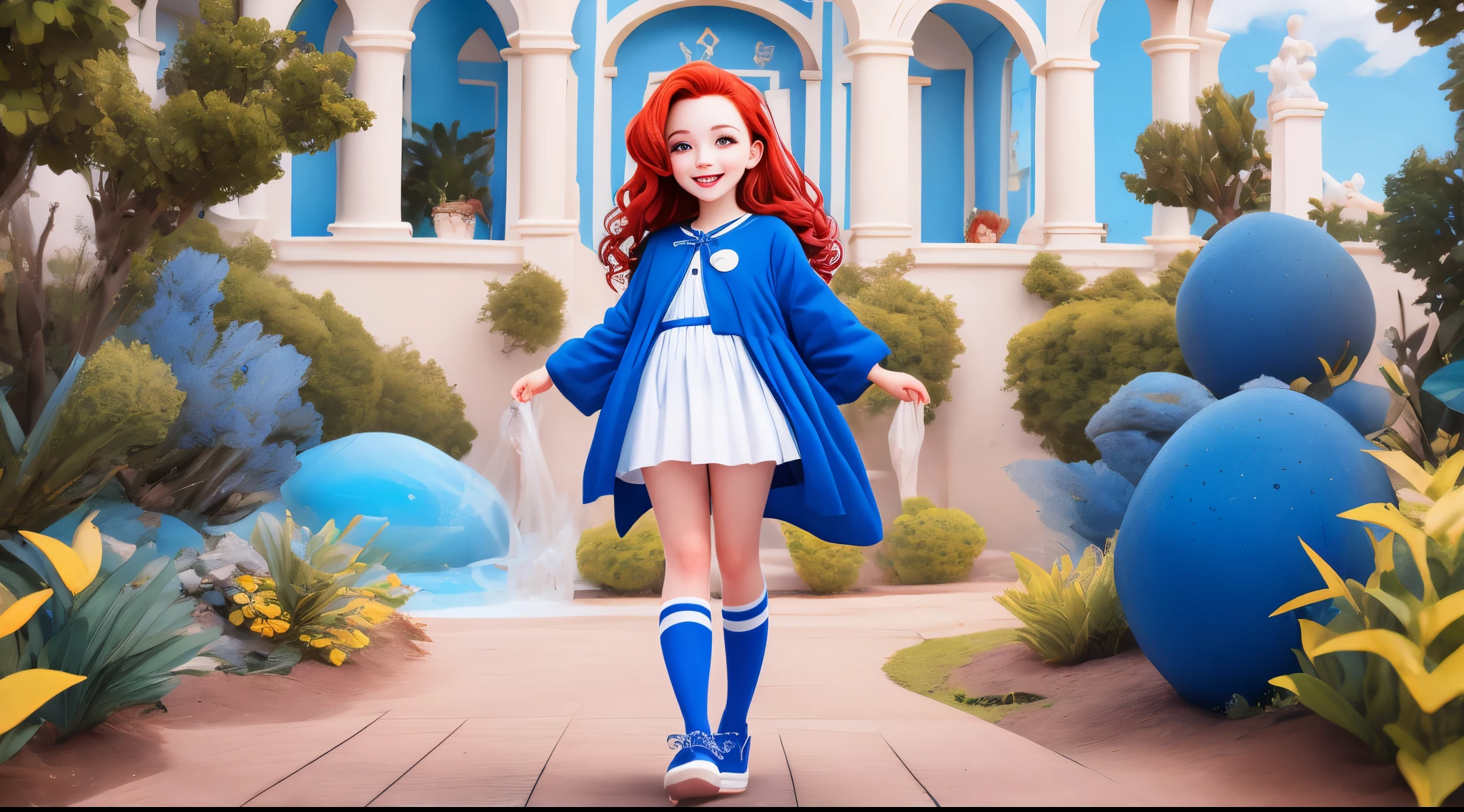 Uma garota de 12 anos de pernas abertas com pele muito branca ruiva com olhos azuls sorrindo com um oculos juliete com roupa muito apertada
