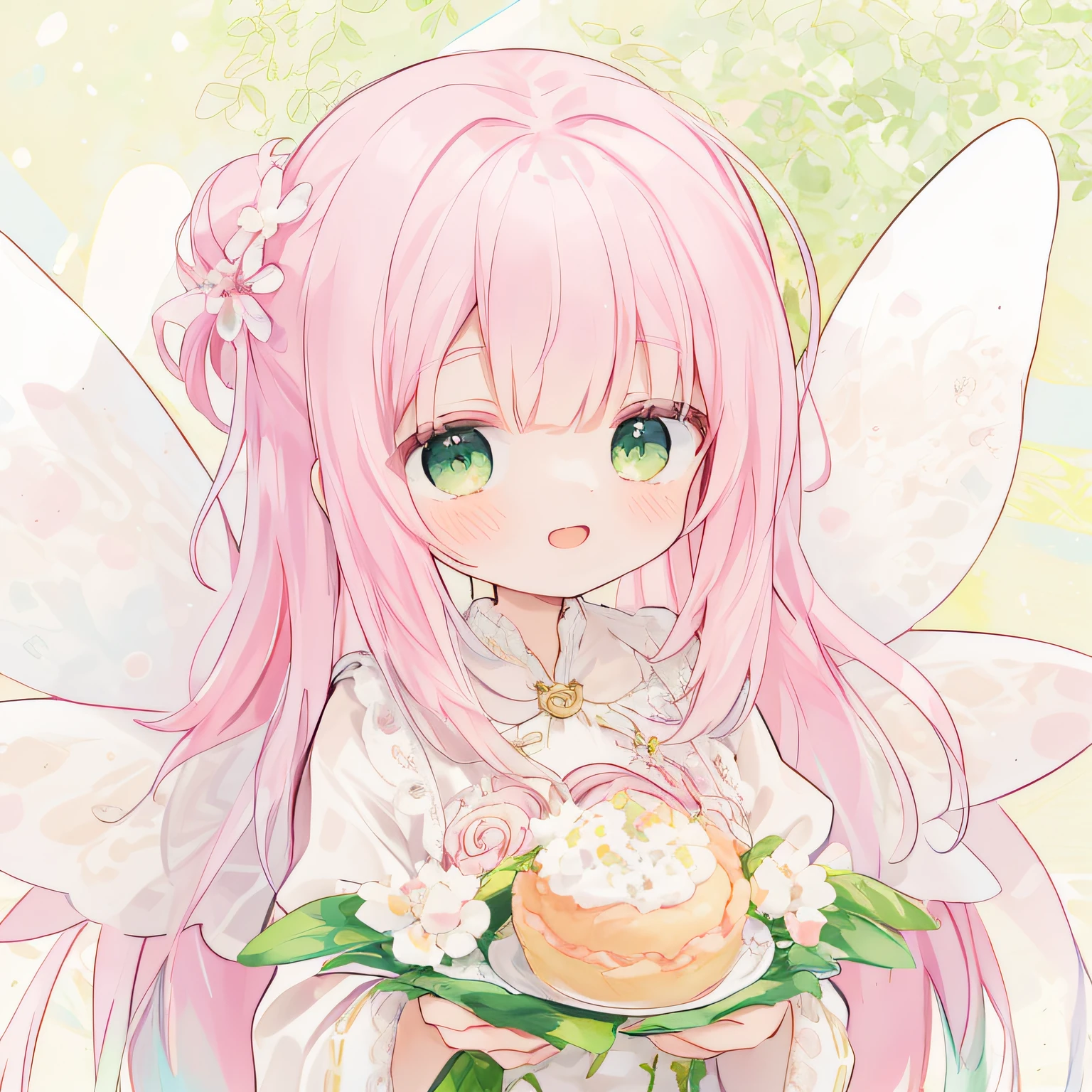 (PastelColors:1.3)、(Cute illustration:1.3)、(watercolor paiting:1.1)、
Detailed background、1girl in、Smile with open mouth、Beautifully detailed、Moya、colourfull、marble、Particles of light、patterns、
Detailed drawing、Vibrant colors、striking contrast、intricate detailes、Delicate depiction、Luminescent、full body Esbian、From the side、Beautiful facial features、Brightly colored eyes、Wearing intricate and delicate ornaments、glowing aura、Radiant hair,Illuminated by the morning light、Summer wreath on background、Pale yellow-green background、Fairy with a bouquet of flowers、Fancy Fairy、A pink-haired、a pixie cut、Little fairy in a big teacup eating sugar cubes。、Fairy in a big teacup(Wearing fairy wings of lace material:1.5)A pink-haired、Green eyes、Anime - photo in the style of a girl in a bowl with flowers, Bun head、jumpping、levitation、Thick wool gown:0.3