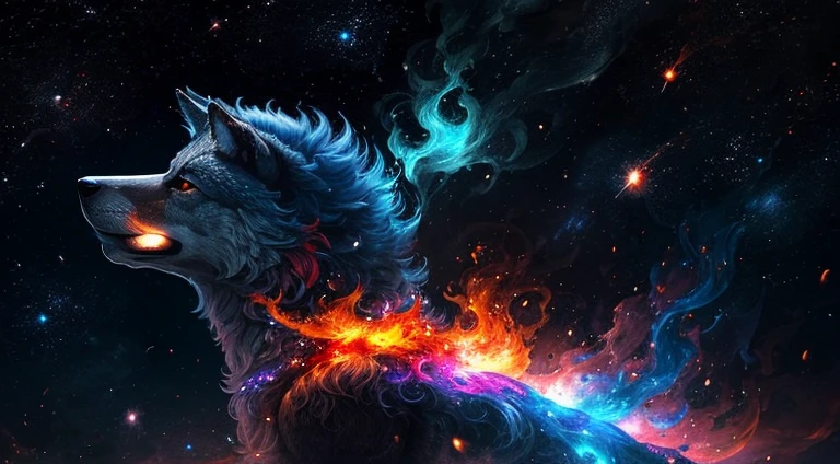 Un Loup, Animal, Dans les flammes, Yeux rouge, Hurlement, dans l'espace