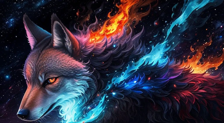 Un Loup, Animal, Dans les flammes, Yeux rouge, Hurlement, dans l'espace