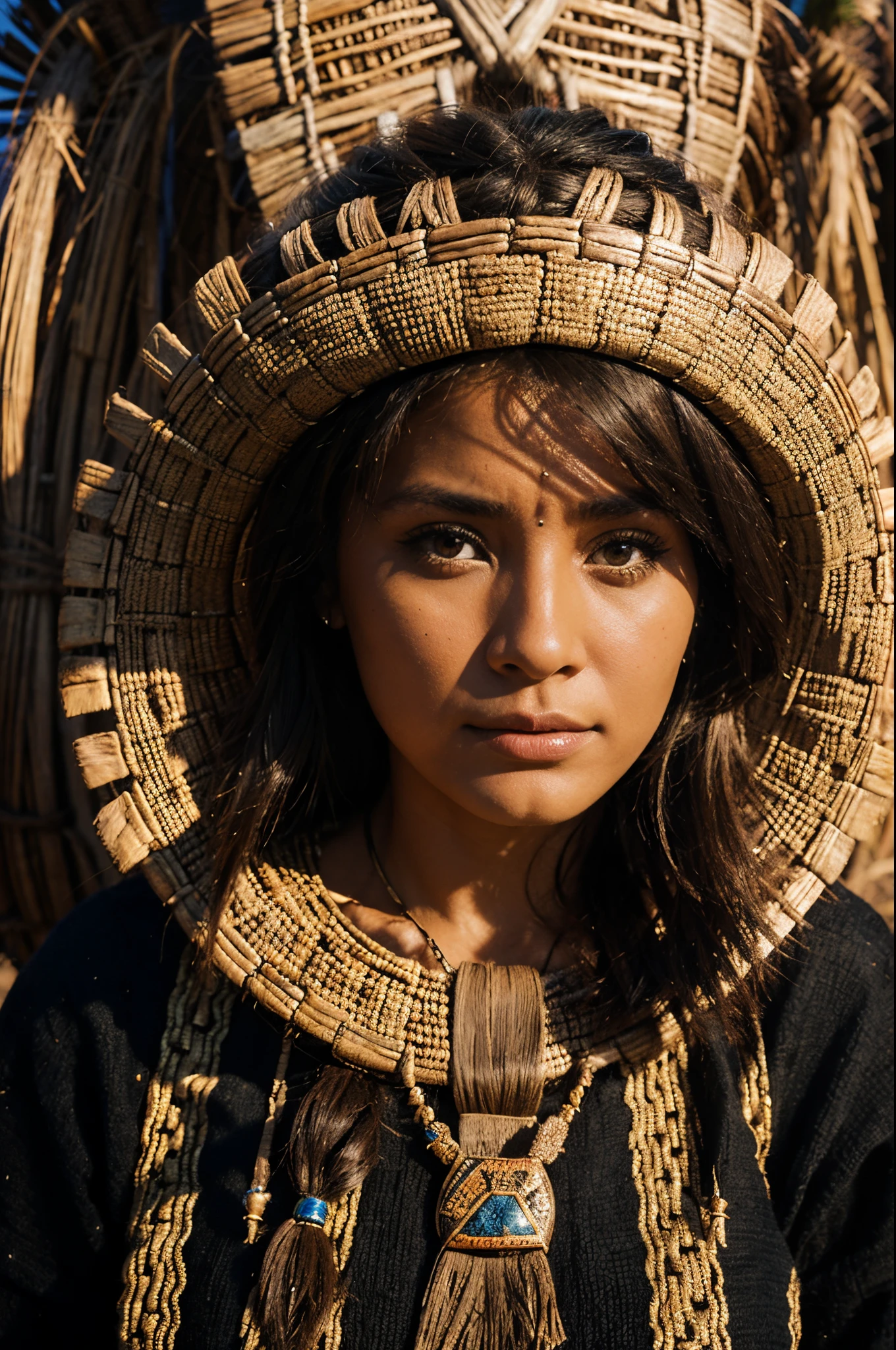 crea una imagen de una mujer azteca viendo hacia el frente con su pueblo de fondo