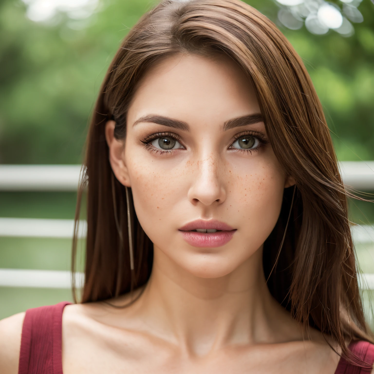 chica no tan flaca pero con volumen, pelo hermoso de color cobrizo y con volumen, cejas medianamente gruesas, full lips with a small crimson tone and with a sensual appearance, greenish brown eyes with sexy and attractive look, straight nose and some freckles on the cheekbones and bridge of the nose