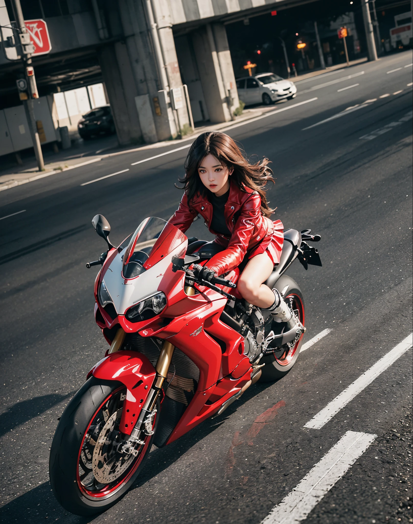 hight resolution、high-level image quality、in 8K、Real live-action、Raw photography、top-quality、masterpiece、masutepiece、(Soft Saturation:1)、(depth of fields:1.2)、(Ray traching:1.2)、Shot diagonally from above、mid night、optic、The background is a sci-fi future city at night...、Light traces、Flowing light、heavy wind、Big red motorcycle speeding through the city at night、Young woman in red dress sitting on a big red motorcycle, Beautiful face、kawaii faces、(Red Skin Jacket:1.2)、(Red short skirt:1.3)、white knee highs、(Red boots:1.2、Draw the toes:1.2)、perfect hand、perfect foot、perfect ankles、Perfect toes、Perfect toes、Perfect Heel:1.3、((Grasp the controller with both hands:1.2))、Slouched、put one'Upper body, Lower body:1.2、Sitting on the Ducati Panigale V4,Riding the Ducati Panigale V4, Sci-fi style bikes, Sci-fi style bikes, Ducati Panigale V4 Motorcycle Rider, How to ride the Ducati Panigale V4, (Draw left and right rearview mirrors:1.3)、headlights shine blue、picture of a female biker, motorbike,Motorcycle displacement: Ducati Panigale V4 Details、motion-blur、raise white smoke、