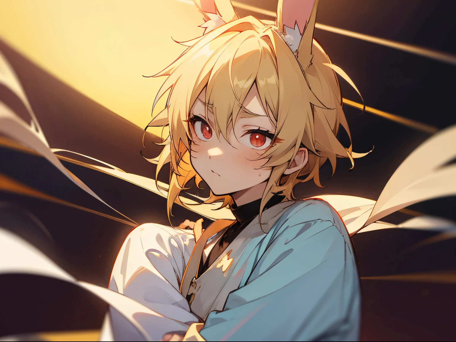 Anime boy, masterpiece, best quality, Nazuna Nito, bunny ears, lop ear bunny ears, long bunny ears, blonde hair, hair longer at front, big eyes, round eyes, skinny, petite, pale, huge eyes, red eyes, round face, lovely boy, shota, cute, handsome, nighttime, dark background, bokeh, highest quality, low hanging rabbit ears, lop ear bunny kemonomimi, skinny, sickly, creepy, yami kawaii, white pupils, extremely large eyes, tattered clothing, outdoors, close up, portrait, wearing loose shirt, blonde bunny ears, pfp, hair very short at back, bold lines, cool colours