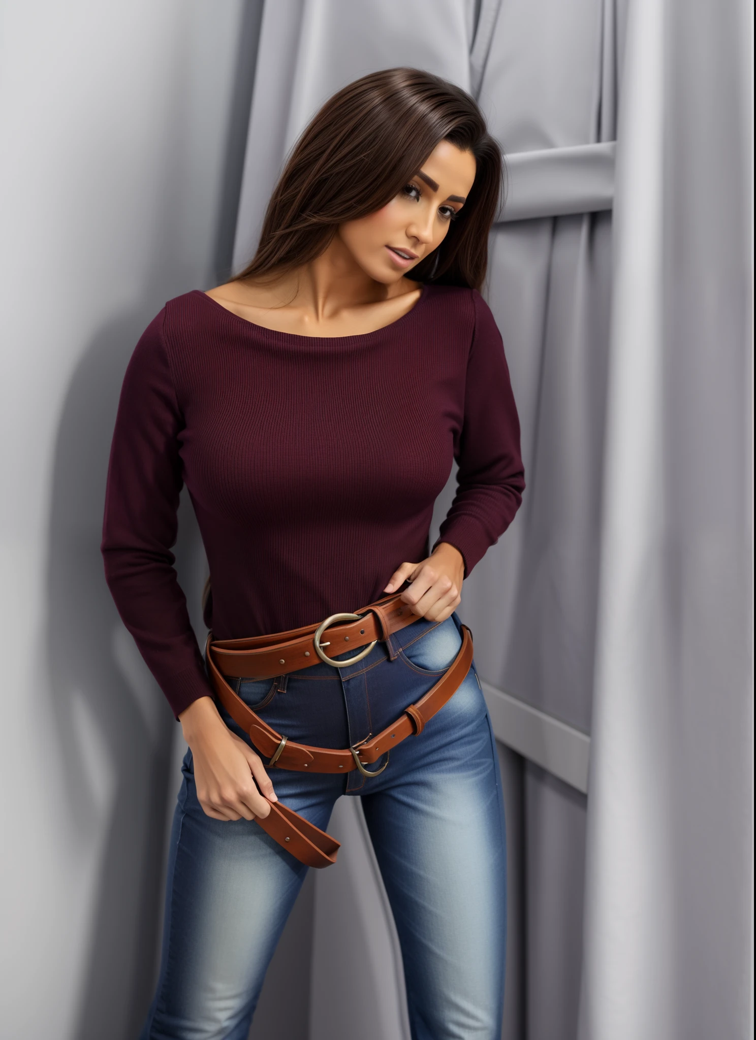 there is a woman who is holding a belt in her pants, totalmente vestido. pintura de sexy, totalmente - vestido!!!, tocando suas roupas, revelando roupas, roupa reveladora, wearing jeans, imagem realista verdadeira, jeans preto extremamente apertado, cintura - tiro, totalmente vestido, very realistic, muito realista, usando roupas simples e apertadas, realmente realista, atrevido!!!