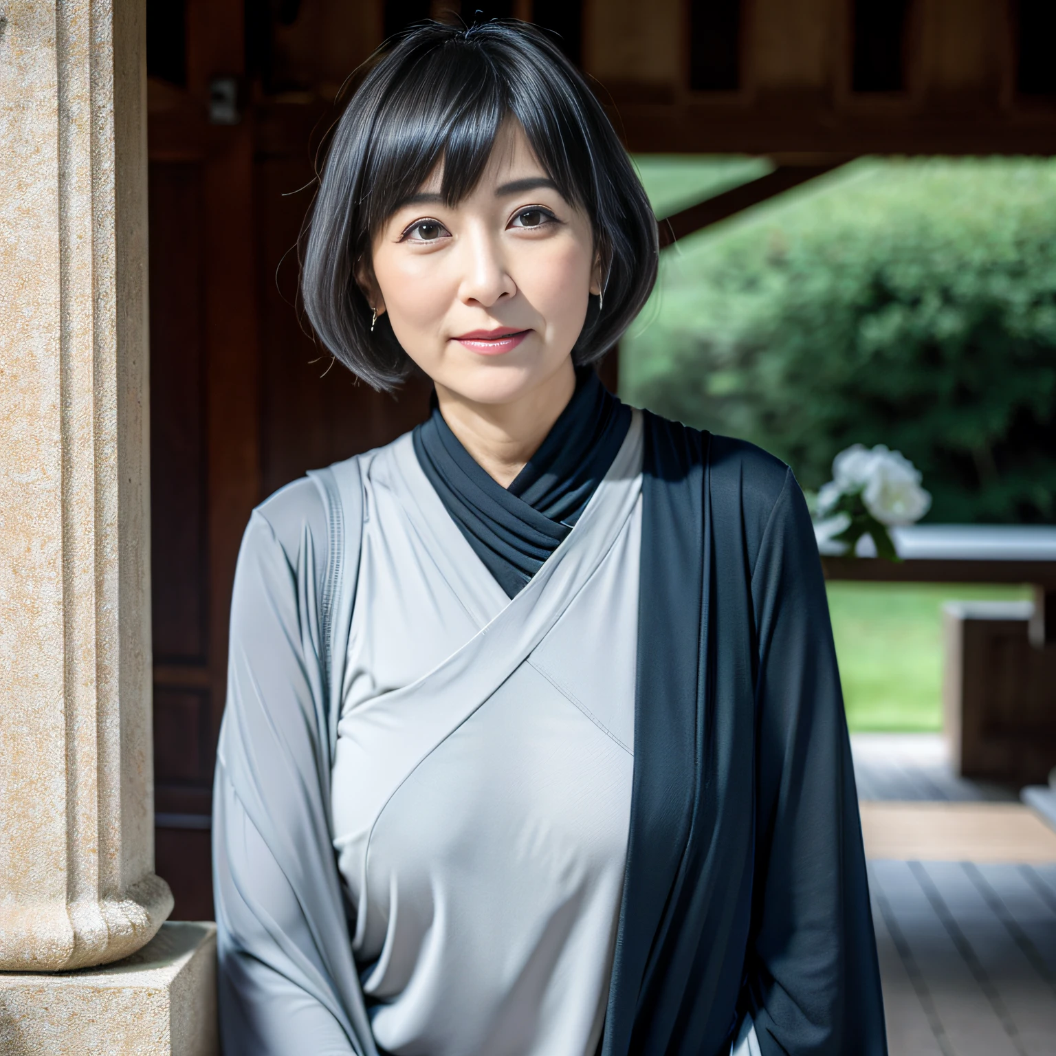 top-quality、ultra-detailliert、8k photo、Close-up portrait of a gray-haired person in a black top, toppless,Gray color, With short hair, with short hair with bangs, Dark gray hair, blue gray, white hime cut hairstyle, black hime-cut hair, hair blackbangs hair, Flat gray color, Really short dark gray hair, two color hair, hime-cut, neat hair with bangs