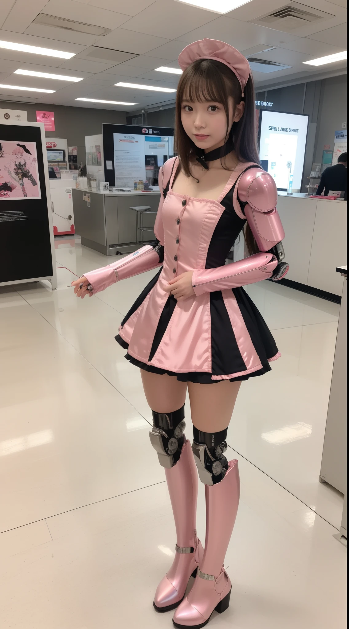 Robot Girl, pink there, Silver, Metallic body, Robot Parts, Metal Parts, Super Detailed Face, Super well-formed face, of the highest quality, a small face, a small head, Brown hair, Slender body, Camera gaze, Internal Mechanical Exposure, Idol, front facing, Well-proportioned body, sale, exhibition, Event Hall, Moe Pose, pink metallic maid Dress Machine Armor, Standing with ?????????, Model body type, sad, Embarrassing,(Perfect Robot Girl),(Perfect machine body)