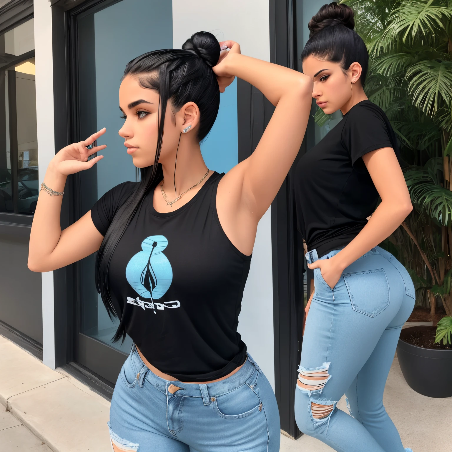 Sara, a 19 year old Latina female teenager with black hair, half-up bun hairstyle. She wears a black t-shirt and light blue jeans, black sneakers, Sara has a hourglass figure, and stands at 5'5. She is dancing, while snapping her fingers to the beat