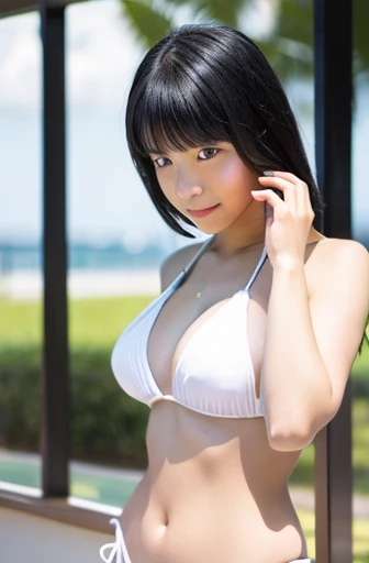 A black-haired  wearing a pure white bikini