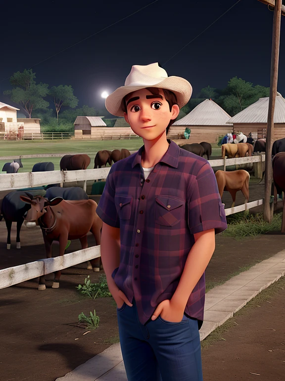 Jovem em uma fazenda, with white farmer's hat, com blusa gola polo vermelha, Denim Jeans Pants, com um cercado e vacas por perto. The image is at night time