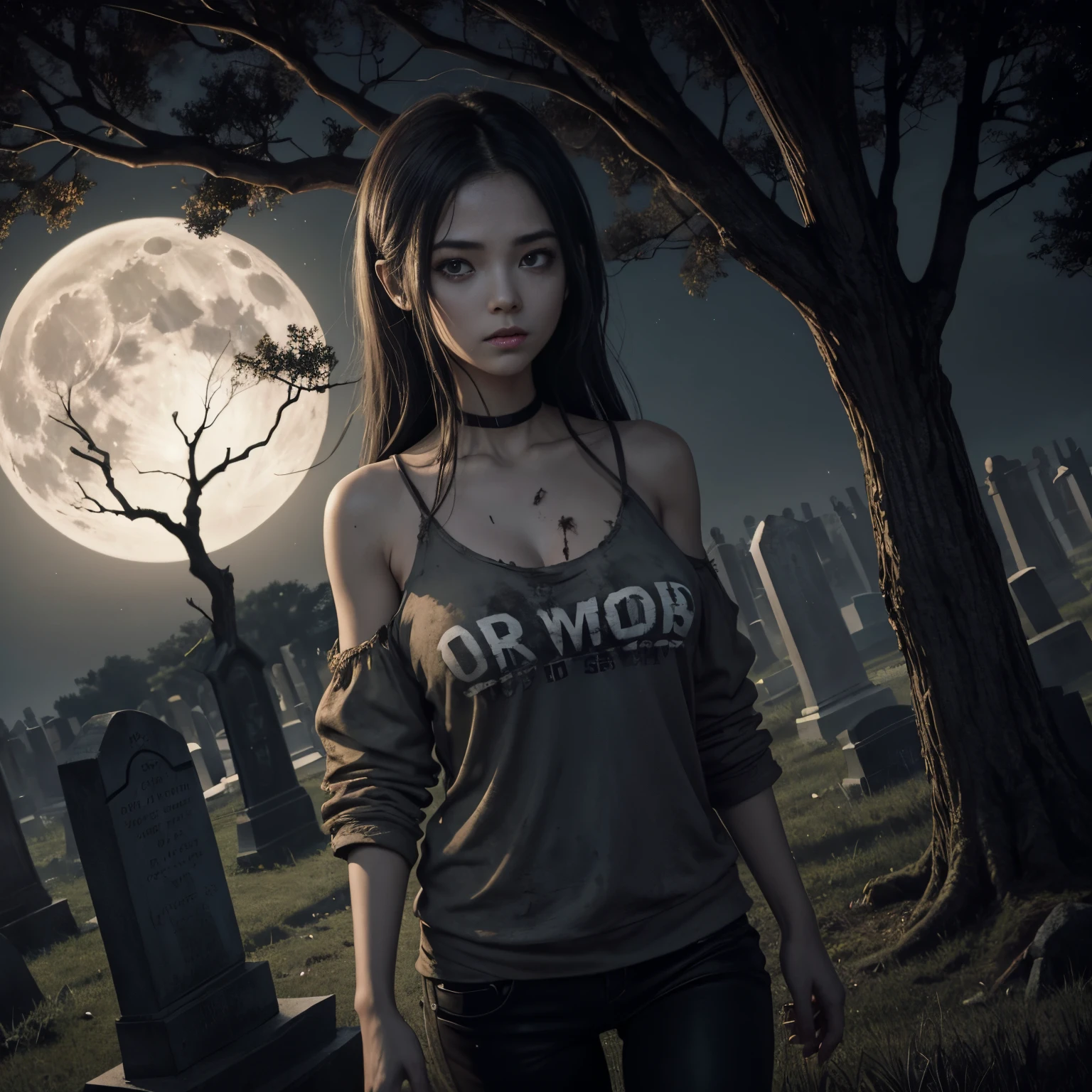 Anime style, best possible quality; Simple cemetery, a dry tree with an owl on the branch, tombs and graves, a zombie young zombie  undead woman, grayish color, dirty and worn t-shirt showing off her shoulders and black panties, extend your hands as if you were going to look for something, eyes wide open, mouth drooling, hair dirty, she walks among the tombs, full moon in the background; add written speech bubble "BRAINS"