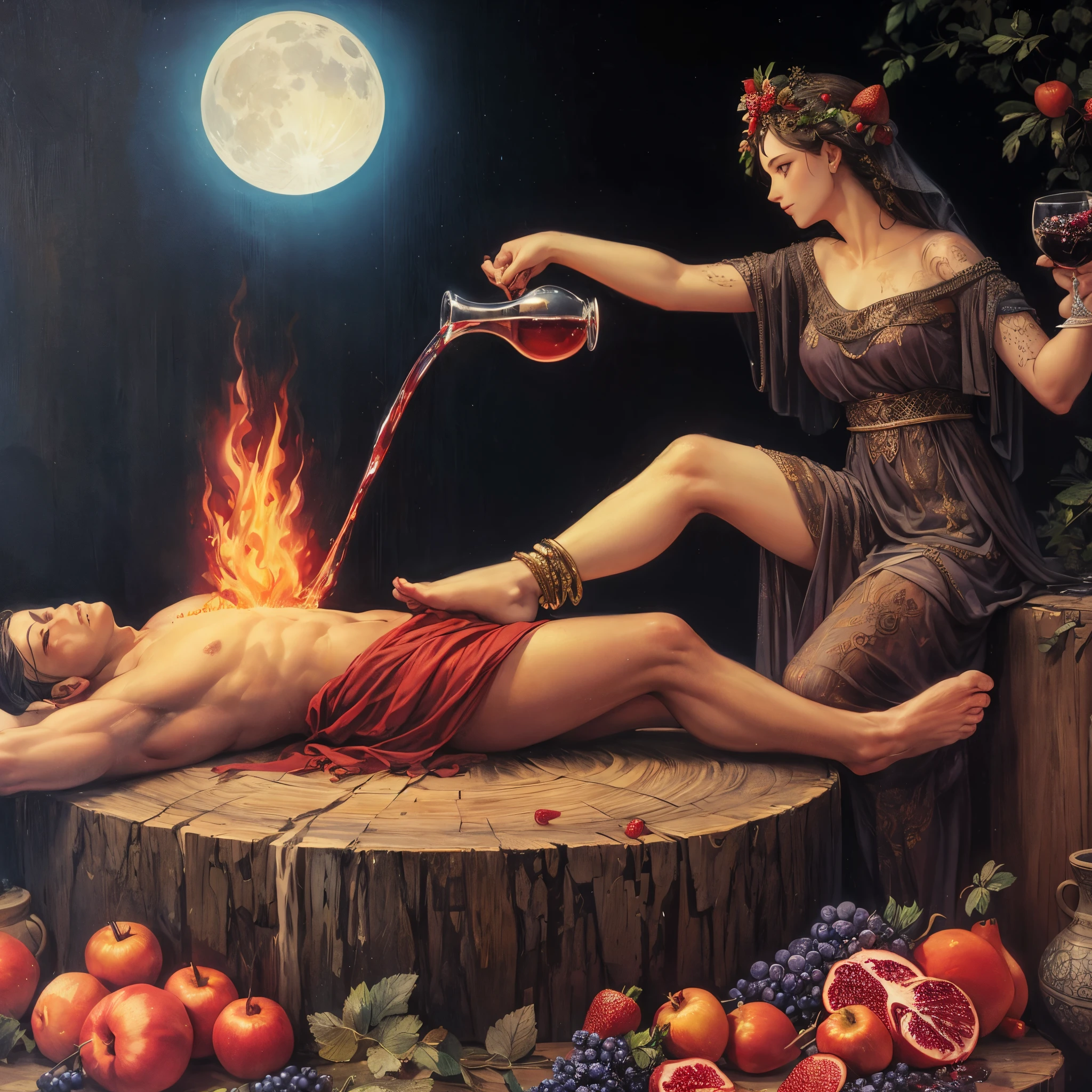 An artistic painting, a man lying on a table, a woman sitting on top of it, pouring wine on him, and in her other hand a flame of fire in the moonlight. The table is a split tree trunk. The scene contains various fruits, pomegranates, grapes, and strawberries. The girl is wearing a Roman Berber dress. Her body has tattoos and she wears an anklet on her leg.