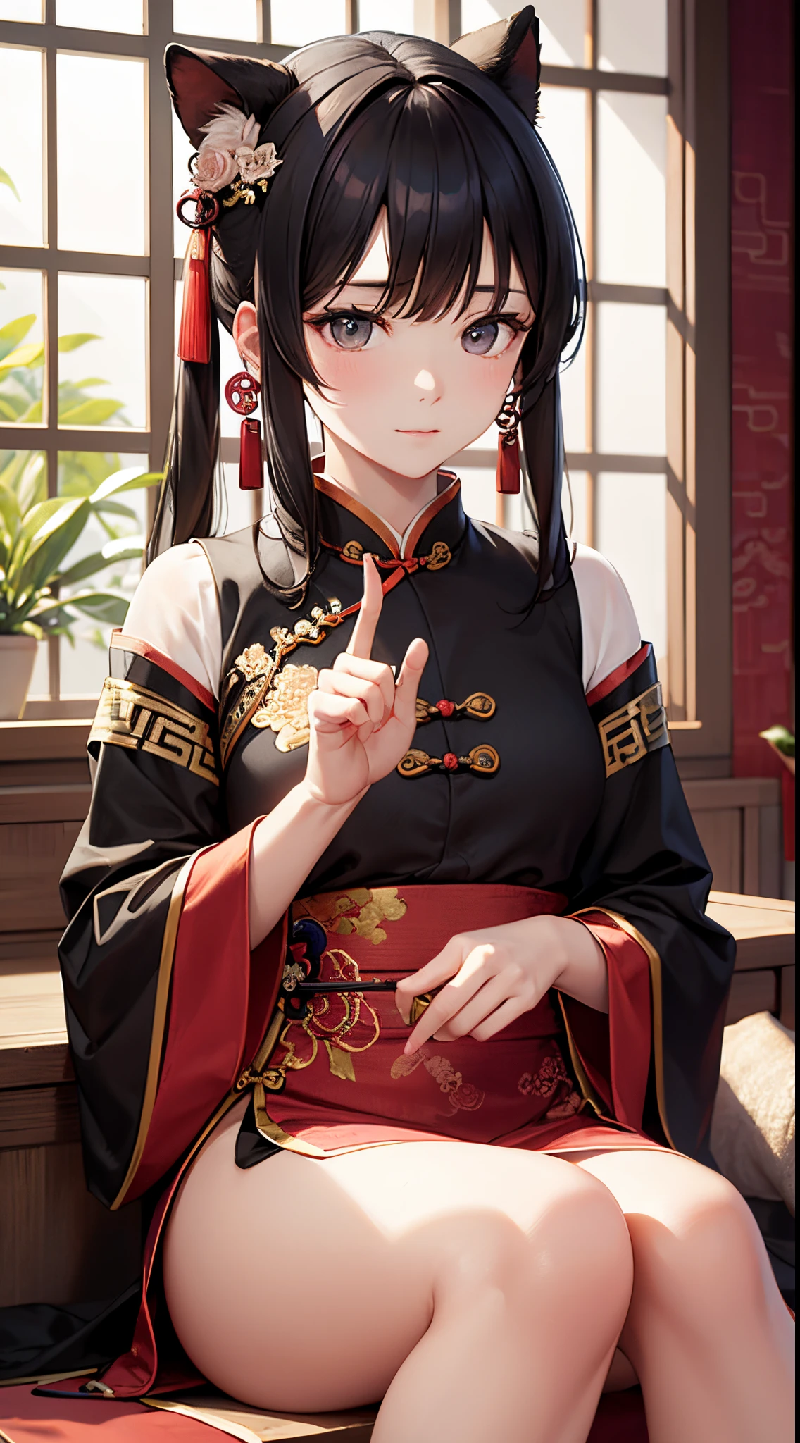 ancient chinese beauti。Mink Chan。Wear traditional Chinese clothing(Poke in the intricate pattern)。Yupei。in pastel shades。There was a hint of infatuation in his soft eyes(Thinking of a lover from afar) offcial art。Detailed fingers The hand supports the chin。Sit in front of the window。