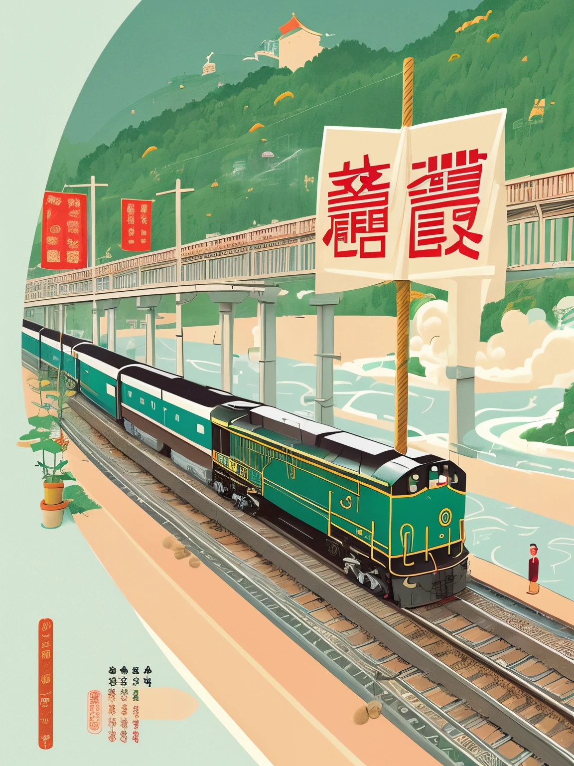 A train is crossing a bridge with a sign, 🚿🗝📝, Poster illustration, by Qu Leilei, Inspired by Victor Wei, victor my style, illustratio!, Inspired by Zhang Sengyao, inspired by Yanagawa Nobusada, Inspired by Cui Zizhong, Inspired by Urakami Gyokudo, beijing