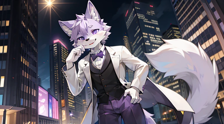 (furry art, uploaded on e621:1.4), (masterpiece:1.3), (best quality:1.2),(2D:1.0), (anime:1.0), (illustration:1.0), (sharp:1.2), (light_environment), (city), (clear, shiny:0.8), (impasto:1.1), (ultra-detailed:1.0) (1boy, solo), white and purple, (anthro furry:1.6), (anthro_male_wolf:1.2), (white and purple fur:1.6), tuxedo, long pants, pov from below, purple eyes, full body view