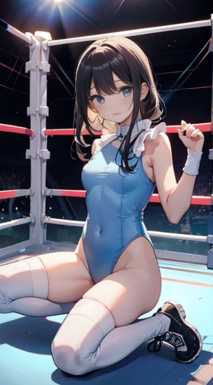 top-quality、extremely delicate and beautiful、Soio、Soio、Idol、14 year old girl、japanes、Lori、Chiquita、A dark-haired、((White and light blue leotard))、、Stand in the ring of professional wrestling、knee high socks,Wrestling boots,Fighting,Professional wrestling matches