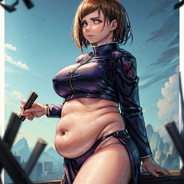 art by kipteitei, 1girl, brunette, straight hair, kunisaki nobara from the anime jujutsu kaisen, chubby, belly, pretty face, nose, lips, beautiful eyes, (best quality, masterpiece, 4k, sharp focus), professional photograph, sharp focus, dramatic, award winning, cinematic lighting, octane render, unreal engine, volumetrics dtx, anime style,