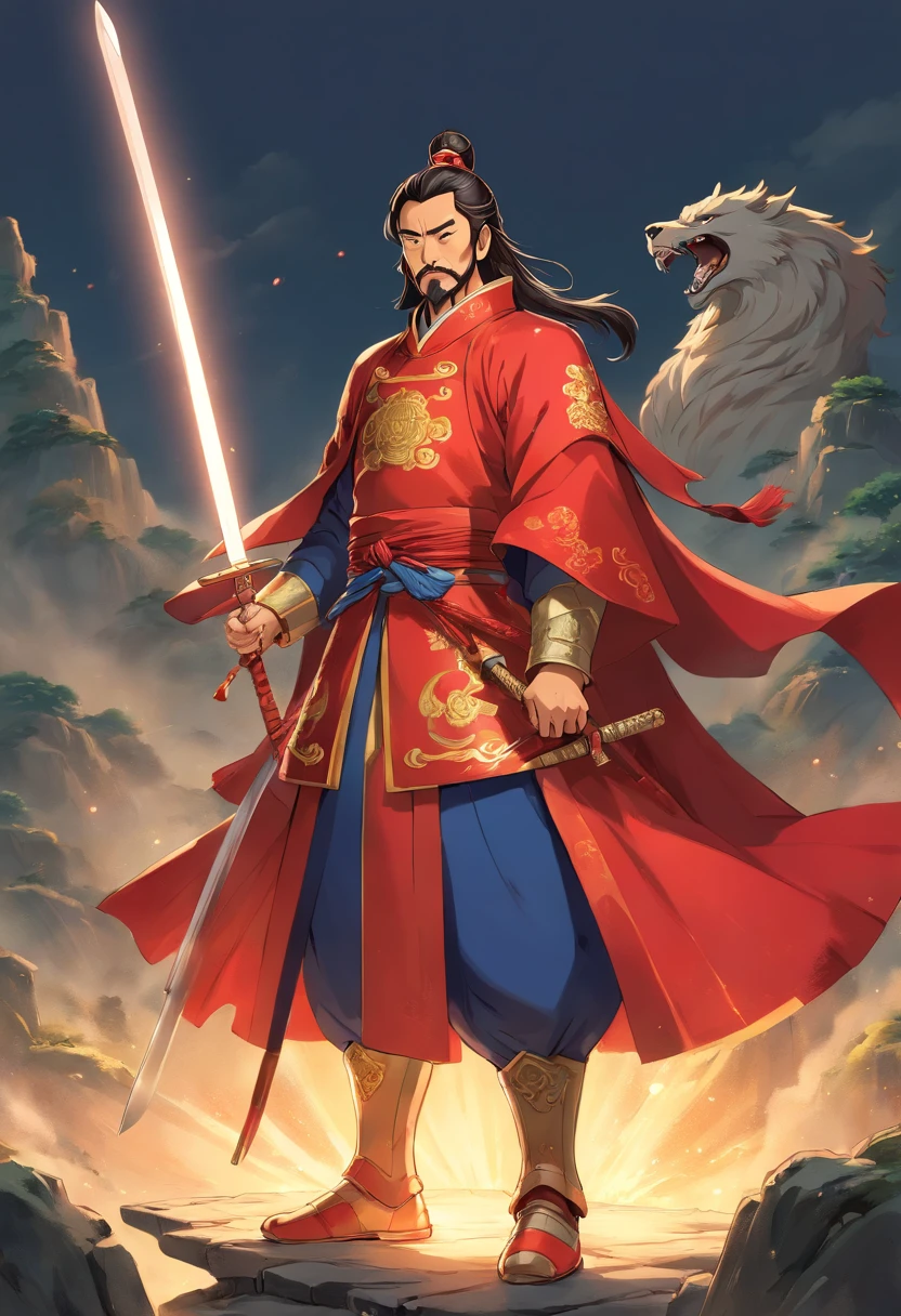 Ancient Chinese historical figure Cao Cao is wearing a red cloak and holding a sword all over his body.