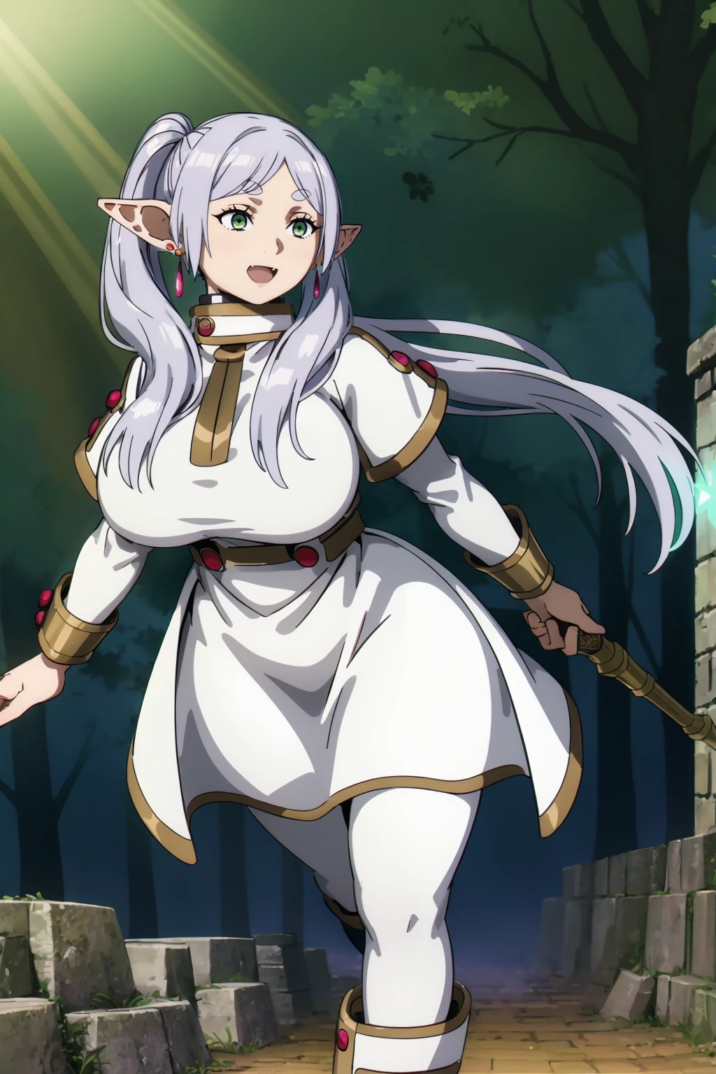 1girl,solo,elf,white hair,grey hair,earrings,pointy ears,long hair,ponytail,green eyes,twintails,parted bangs,thick eyebrows,,, holy magicalgirl, open mouth fang, holy haura, halo, smile, joyfull, paladin, sword holding, full body , boots, standing,cute,breast, curvy, female,fantasy goddess,there is a cartoon picture of a woman with a very large breast, glowing angelic being, glowing holy aura, inspired by Luma Rouge, the non-binary deity of spring, ethereal rainbow nimbus, the butterfly goddess of fire, inspired by Mariel, glowing aura around her, astral fairy, as the goddess of the sun, “uwu the prismatic person, big breast, happy, beautiful eyes, , full body, walking, long robe, long dress, ,priestess ,holy, smile, god rays, ray tracing, sparkle, cinematic lighting, UHD, retina, masterpiece, ccurate, anatomically correct, textured skin, super detail, high details, high quality, award winning, best quality, highres, 1080P, HD, 4K, thunder aura, light aura,full, staff holding