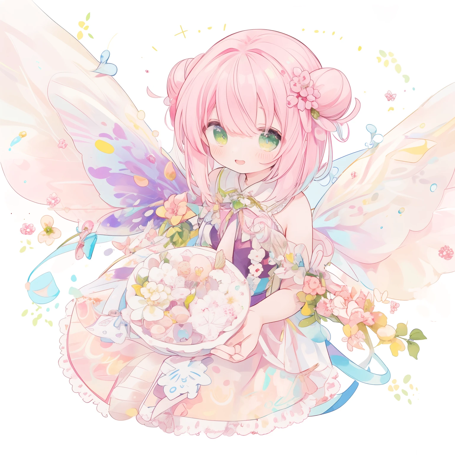 (PastelColors:1.3)、(Cute illustration:1.3)、(watercolor paiting:1.1)、
Detailed background、1girl in、Smile with open mouth、Beautifully detailed、Moya、colourfull、marble、Particles of light、patterns、
Detailed drawing、Vibrant colors、striking contrast、intricate detailes、Delicate depiction、Luminescent、full body Esbian、From the side、Beautiful facial features、Brightly colored eyes、Wearing intricate and delicate ornaments、glowing aura、Radiant hair,Illuminated by the morning light、Summer wreath on background、Pale yellow-green background、Fairy with a bouquet of flowers、Fancy Fairy、A pink-haired、little fairy sitting in a big teacup、（Little fairy in a big teacup。：1.1）、Fairy in a big teacup(Wearing fairy wings of lace material:1.5)A pink-haired、Green eyes、Anime - photo in the style of a girl in a bowl with flowers, Bun head、levitation、Thick wool gown:0.3