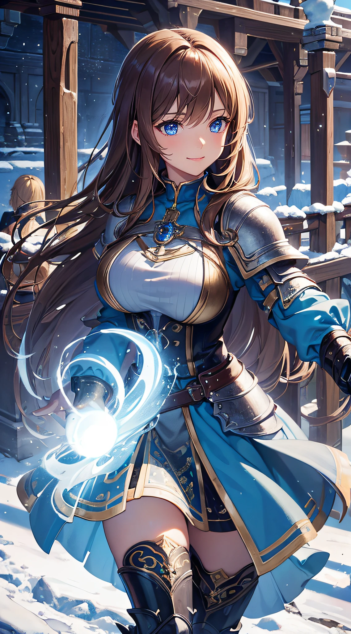 ((Extremely detailed)), 4K, ((cinematic lighting)), Close up, fantasy world, medieval, cobblestone city, wooden stone houses, snow, marketplace, market stalls, adult woman, royal guard, long brown hair, blue eyes, ((beautiful eyes)), happy look, grin, blue tunic, (shiny armor), steel plate shoulders, steel gauntlets, chainmail, very large breasts, blue magic