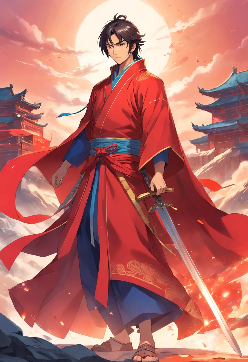 Ancient Chinese historical figure Cao Cao is wearing a red cloak and holding a sword all over his body.