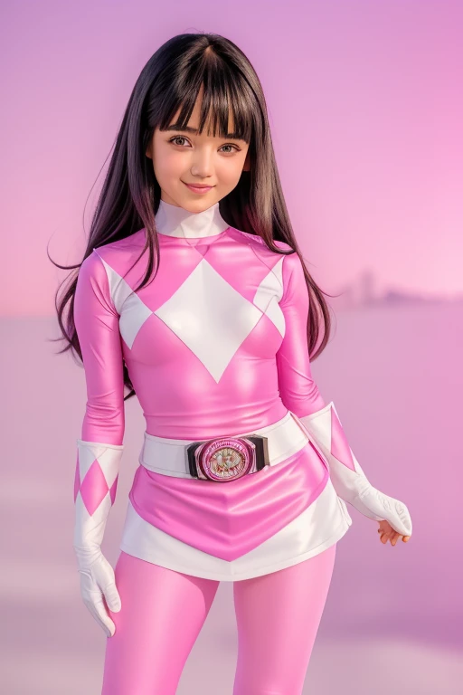 1 cute girl, (Cute fringe with long black hair),(Pink Ranger), (Solo) (Tight magenta bodysuit), (Mini skirt), ((Black pantyhose)), White belt, White Long Gloves, (White Thigh Boots), (18year old), Colossal tits、 Look at viewers,Nothing background、A smile、((Show underwear))、(Angle from below)