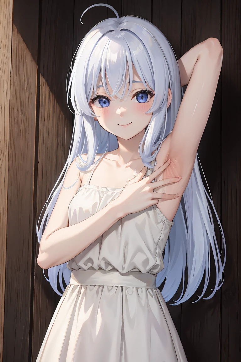 ph elaina, Eoutfit1, elaina (majo no tabitabi), (masterpiece:1.6, best quality), solo, long hair, ahoge, hair between eyes, light smile, collarbone, blue eyes, bangs, white hair, sleeveless, bare shoulders, shiny hair, camisole, spaghetti strap, white shirt, purple eyes, shiny, sleeveless shirt, blush, very long hair, sidelocks, sleeveless dress, dress left armpit, spread armpit