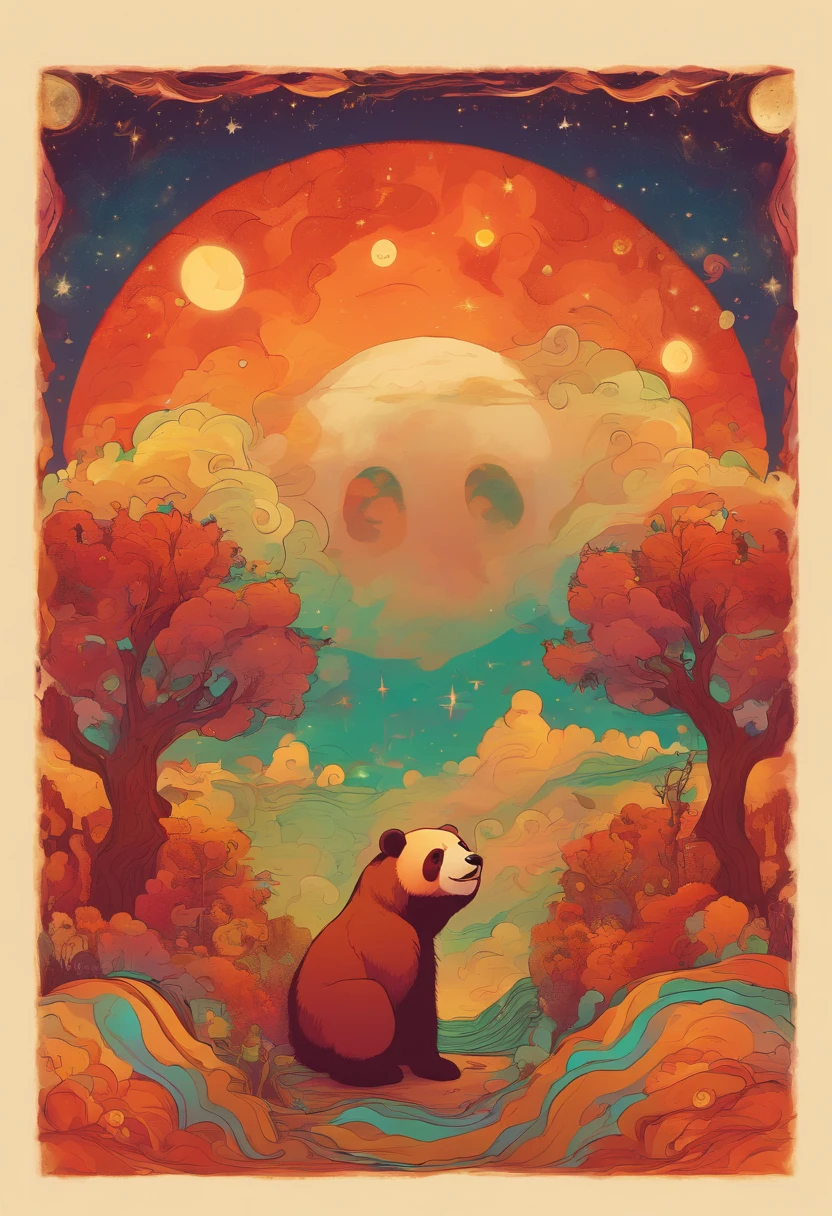 Starry sky with clouds and trees Warm colored moon with reddish-brown panda bear as the main character
