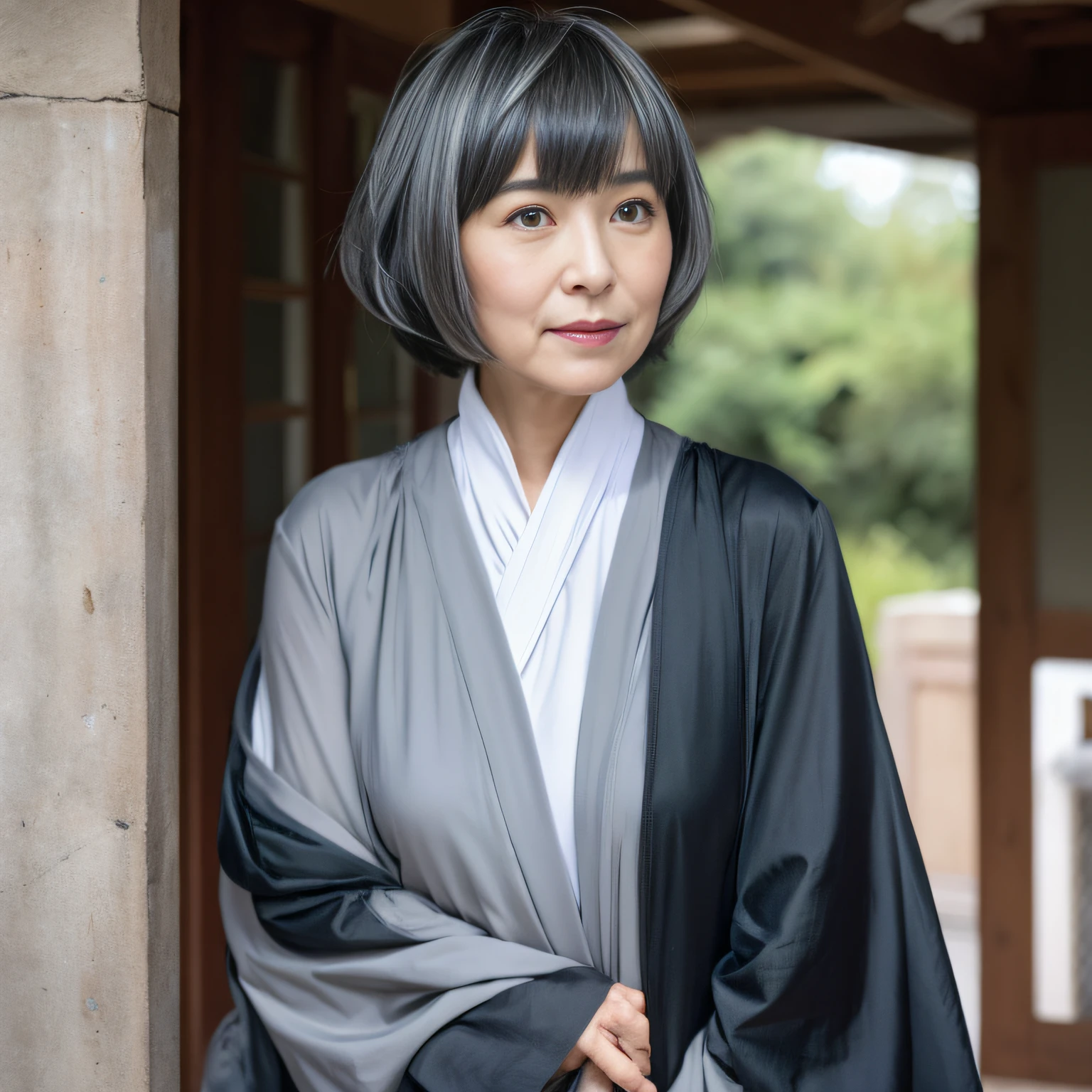 top-quality、ultra-detailliert、8k photo、Close-up portrait of a gray-haired person in a black top, toppless,Gray color, With short hair, with short hair with bangs, Dark gray hair, blue gray, white hime cut hairstyle, black hime-cut hair, hair blackbangs hair, Flat gray color, Really short dark gray hair, two color hair, hime-cut, neat hair with bangs