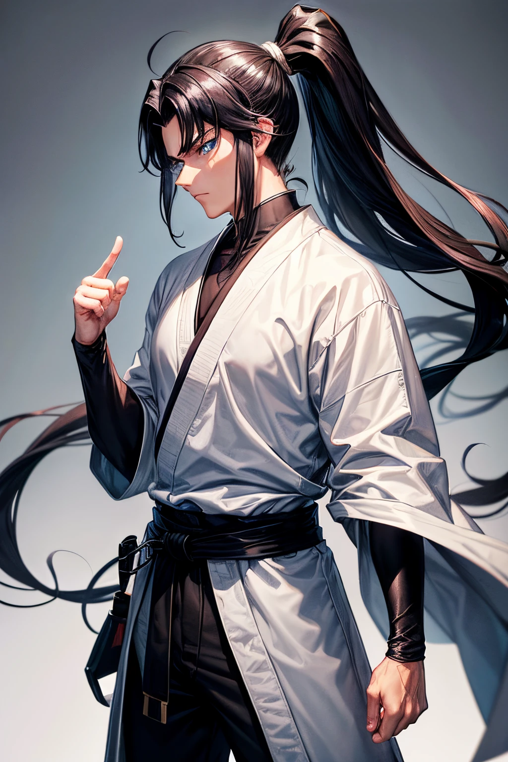 A man with black hair curled into a long ponytail, he is 18 years old, wears a gray martial arts robe with a white belt around his waist, has blue eyes, he is gesturing calling out to his opponent, anime, xuanhuan, medieval, 4k resolution, tales of demons and gods in style.