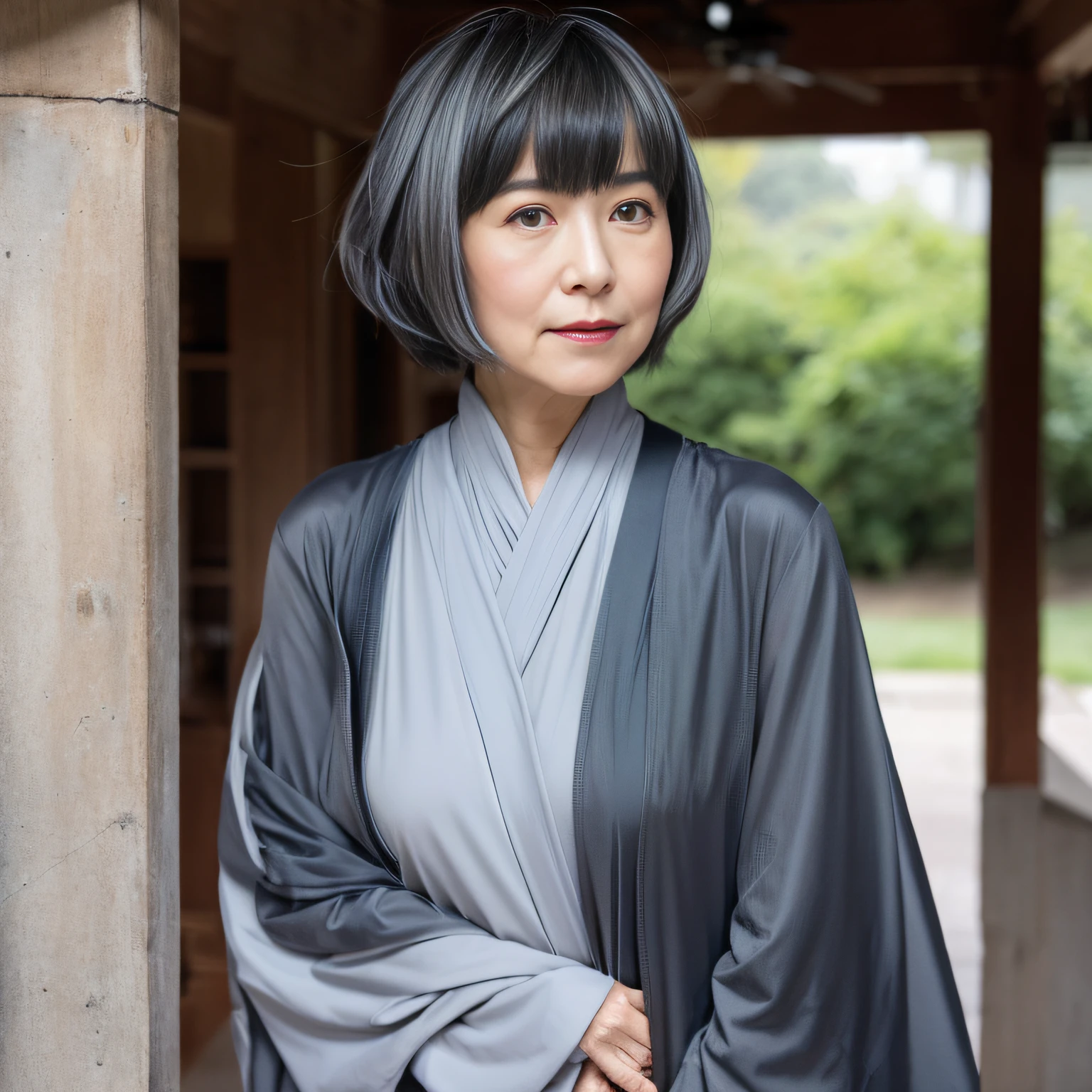 top-quality、ultra-detailliert、8k photo、Close-up portrait of a gray-haired person in a black top, toppless,Gray color, With short hair, with short hair with bangs, Dark gray hair, blue gray, white hime cut hairstyle, black hime-cut hair, hair blackbangs hair, Flat gray color, Really short dark gray hair, two color hair, hime-cut, neat hair with bangs