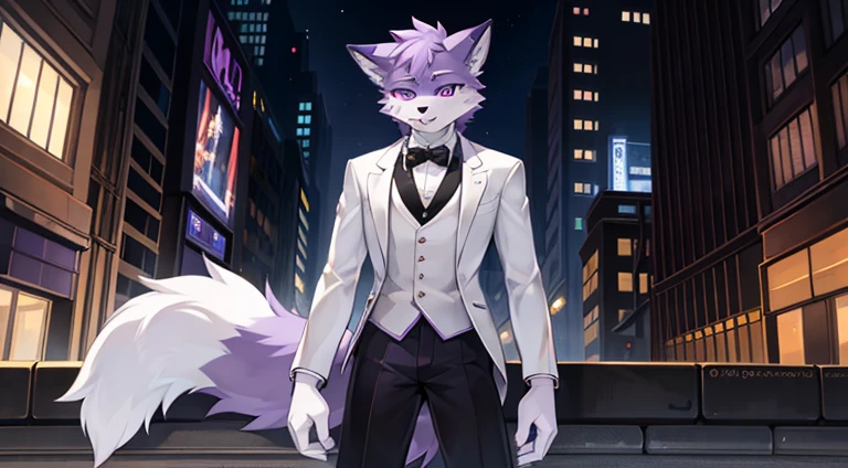 (furry art, uploaded on e621:1.4), (masterpiece:1.3), (best quality:1.2),(2D:1.0), (anime:1.0), (illustration:1.0), (sharp:1.2), (light_environment), (city), (clear, shiny:0.8), (impasto:1.1), (ultra-detailed:1.0) (1boy, solo), white and purple, (anthro furry:1.6), (anthro_male_wolf:1.2), (white and purple fur:1.6), tuxedo, long pants, pov from below, purple eyes, full body view, Purple fur