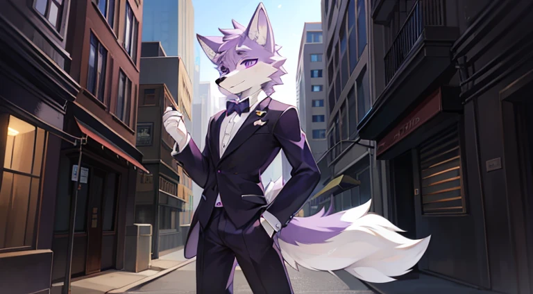 (furry art, uploaded on e621:1.4), (masterpiece:1.3), (best quality:1.2),(2D:1.0), (anime:1.0), (illustration:1.0), (sharp:1.2), (light_environment), (city), (clear, shiny:0.8), (impasto:1.1), (ultra-detailed:1.0) (1boy, solo), white and purple, (anthro furry:1.6), (anthro_male_wolf:1.2), (white and purple fur:1.6), tuxedo, long pants, pov from below, purple eyes, full body view, Purple fur