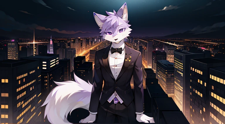 (furry art, uploaded on e621:1.4), (masterpiece:1.3), (best quality:1.2),(2D:1.0), (anime:1.0), (illustration:1.0), (sharp:1.2), (light_environment), (city), (clear, shiny:0.8), (impasto:1.1), (ultra-detailed:1.0) (1boy, solo), white and purple, (anthro furry:1.6), (anthro_male_wolf:1.2), (white and purple fur:1.6), tuxedo, long pants, pov from below, purple eyes, full body view, Purple fur
