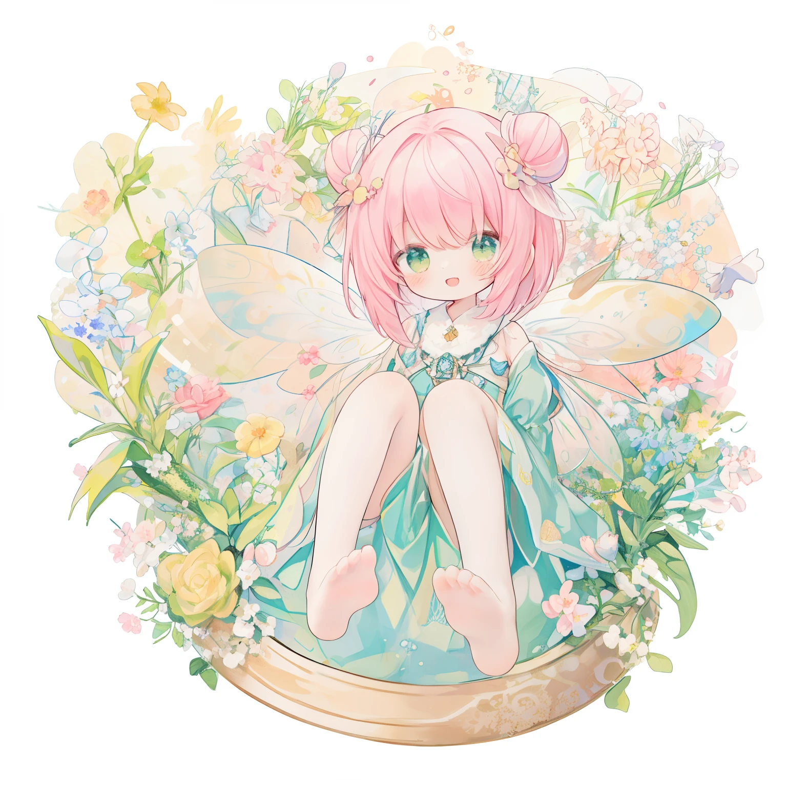 1girl in、(PastelColors:1.3)、(Cute illustration:1.3)、(watercolor paiting:1.1)、(Wearing large transparent fairy wings with polka dots。：1.3),Close your eyes and smile、Falling from the sky,Head down, feet up, Orange hair,Blunt bangs,Beautiful offer,ultra wide-angle  ,Detailed background、Smile with open mouth、Beautifully detailed、Moya、colourfull、marble、Particles of light、patterns、From Side、（Shirayuki Noel、Snowflake：1.3）、
Detailed drawing、Vibrant colors、striking contrast、intricate detailes、Delicate depiction、Luminescent、full body Esbian、From the side、Beautiful facial features、Brightly colored eyes、Wearing intricate and delicate ornaments、glowing aura、Radiant hair,Illuminated by the morning light、Summer wreaths、Pale yellow-green background、Fairy with a bouquet of flowers、Fancy Fairy、Bun head、jumpping、levitation、Thick wool gown:0.4