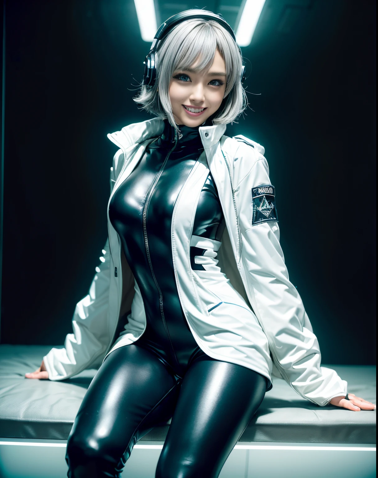 Masterpiece, 8K, award-winning photos, photorealistic, realistic, ultra detailed, ultra high definition, ray tracung,
///human
1girl, the most beautiful, 20 years old , (sexy, Japanese idol), (gray hair:1.2), short hair,
///human Detail
Shiny skin , detailed skin , beautiful detailed face , beautiful detailed eyes , beautiful teeth,
/// face Detail
BREAK (Double eyelid, droopy eyes), (blue eyes:1.3), (smile, teeth:1.3), mole under eye, Natural makeup, natural lip, light color large breasts, slender waist, toned thighs, toned arms, tan skin,
///pose Composition
BREAK (full body:1.4), sitting, (from below:1.2), looking back,
///background
BREAK (black theme:1.2), Inorganic concrete studio with window, Blury background, highly detailed background,
///fashion
BREAK (black and White theme:1.4), (cyberpunk fashion:1.2), (wear a fluorescent White oversized open military-jacket over a black latex catsuit:1.4), (open jacket:1.3), (numerous tubes extend from a futuristic headset with parts that glow White light:1.3),
BREAK (glow White Geometric-pattern on black fullsuit:1.3), (Electronic circuit pattern that emit illumination light:1.3), ((Electronic circuit embedded, multilayer armor plates) with fluorescent yellow oversized open military-jacket:1.3), (black Harness:1.3), ((barcode, logo, text):1.2), (fluorescent White ski-boots:1.1), ((black military-gloves, knee pads):1.2),
///Quality of finishing
ultra-realistic textures, raw photo,